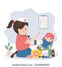 Cute child plays with plush toy. Little girl plays doctor and patient with  doll. Preschooler uses toy medical accessories and treat sick toy. Imagination, fun game, childhood. vector illustration