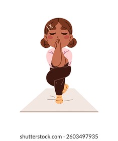 Cute child practices yoga, meditates. Happy little girl training balance in eagle pose. Black kid stands with crossed legs and hands, does sports workout. Flat isolated vector illustration on white