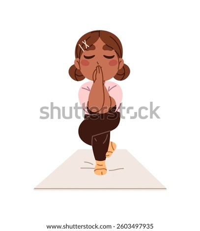 Cute child practices yoga, meditates. Happy little girl training balance in eagle pose. Black kid stands with crossed legs and hands, does sports workout. Flat isolated vector illustration on white