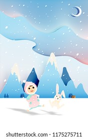 cute child with rabbit in paper art style and winter background vector illustration
