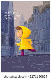 Cute child in rain at town hand drawn vector illustration background. Beautiful raining, winter season design for card, cover, poster and prints.