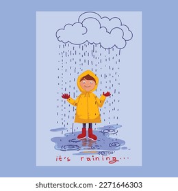 Cute child in the rain with yellow raincoat cartoon hand drawn vector illustration. Raining, winter season character icon.