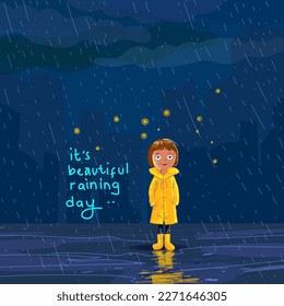 Cute child in the rain with yellow raincoat cartoon hand drawn vector illustration. Raining, winter season character icon.