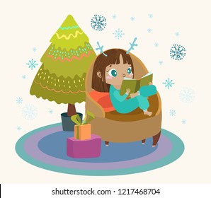 Cute child reading a book in a large armchair, a Christmas tree and gifts, an illustration for a new year or Christmas card design