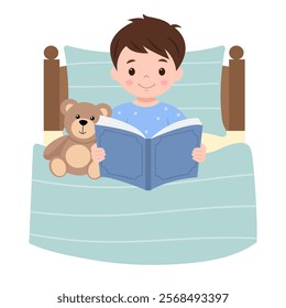 Cute child reading book with teddy bear on  a bed.Night reading, bedtime. Vector illustration