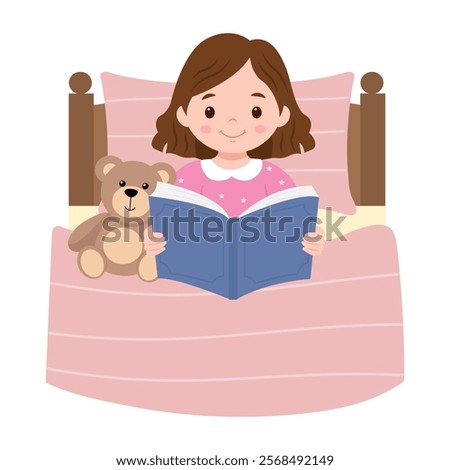 Cute child reading book with teddy bear on  a bed.Night reading, bedtime. Vector illustration