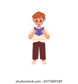 Cute child reading literature to study, learning. Clever boy, kid holds paper book in hands. Little reader in glasses stands with open textbook. Flat isolated vector illustration on white background