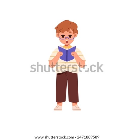 Cute child reading literature to study, learning. Clever boy, kid holds paper book in hands. Little reader in glasses stands with open textbook. Flat isolated vector illustration on white background