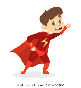 Cute child in red superhero costume. Kid brave hero with cloak. Haloween party outfit. Isolated vector illustration in cartoon style