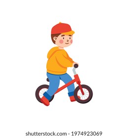 Cute child riding kickbike or or run bike, flat vector illustration isolated on white background. Toddler smiling boy cartoon character on balance bicycle.