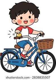 Cute child ringing a bicycle bell while riding a bike.