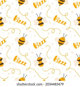 Cute child seamless hand drawn pattern with flying kid bee and calligraphy text Bzzz. Vector scandinavian baby summer illustration.