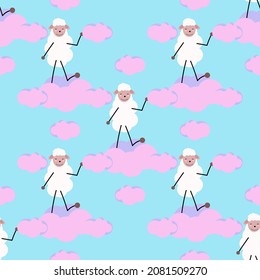 Cute child seamless pattern with pretty sheeps and clouds. Pink girl baby funny pattern