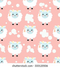 Cute child seamless pattern with pretty sheeps and clouds. Pink girl baby funny pattern