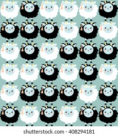 Cute child seamless pattern with pretty white and black sheeps . blue boy baby funny pattern