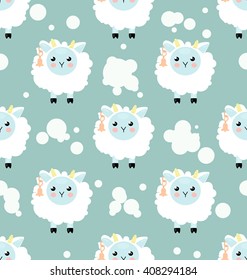 Cute child seamless pattern with pretty sheeps and clouds. Pink girl baby funny pattern