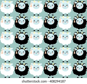 Cute child seamless pattern with pretty white and black sheeps . blue boy baby funny pattern