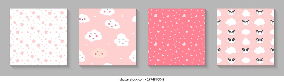 Cute child seamless pattern wuth panda, hearts and clouds for card and shirt design. Collection set kids background. Vector Illustration EPS10