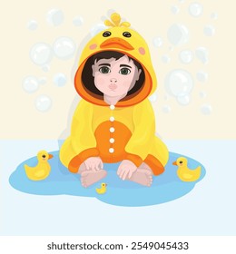 A cute child sitting in a duck-themed onesie surrounded by rubber ducks and soap bubbles, creating a playful and charming atmosphere.