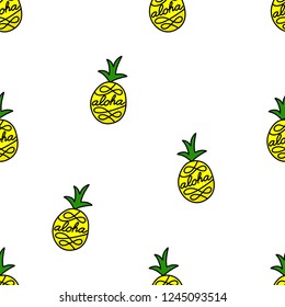 Cute child sketch of Aloha Pineapple Seamless Pattern in White Background, Tropical pattern, Modern Minimalist background
