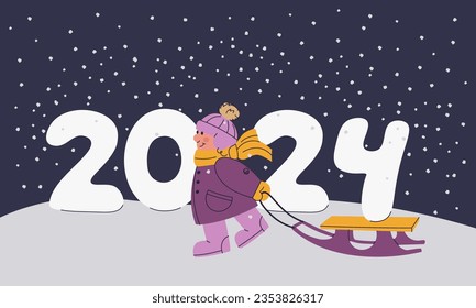 Cute child is sledding the snow figures of 2024. Christmas and New Year illustration for the design of cards, banners, stickers. Vector cartoon isolated illustration.
