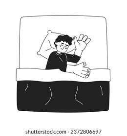 Cute child sleeping in bed monochromatic flat vector character. Cover with blanket. Editable thin line full body person on white. Simple bw cartoon spot image for web graphic design