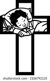 Niño lindo durmiendo en la cama ilustración del icono del vector de dibujos animados. Un niño pequeño duerme tranquilamente en una cama suave. Almohada y manta para el niño. Plantilla para logotipo para sueño saludable. 