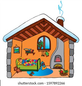 Cute child is sleeping in a wooden cabin. Colored vector for card or gift. 