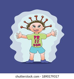 cute child standing with open armed pose with Freedom text on his t shirt