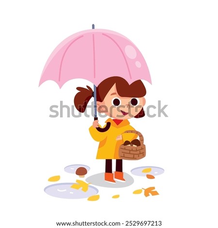Cute child standing outside with pink umbrella and basket full of mushrooms. Puddles and fallen leaves. Character with autumn objects.