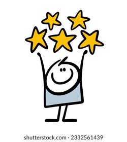 Cute child stickman waved his hands and holds the highest rating of five stars. Vector illustration of a satisfied consumer and buyer. Funny comics person action isolated on white background. 