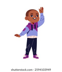 Cute child with strabismus welcoming, waving hand. Happy black kid with cross eyed vision greeting. Little disabled boy with disease of seeing. Flat isolated vector illustration on white background