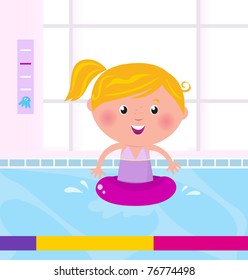 Cute child in swimming pool. Vector Illustration.