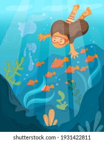 Un niño lindo nadando bajo el agua. Ilustración vectorial de las niñas que bucean con máscara. Pescado y coral en el mar. Estilo de vida tropical, niño divirtiéndose.