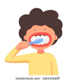 Niño con cepillo de dientes en la mano cepillado los dientes. Ilustración vectorial en un estilo moderno aislado en un fondo blanco