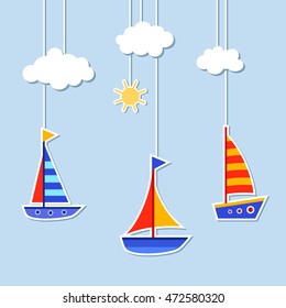 Cute child transport. Paper craft theater with three cute bright ships, clouds and the sun hanging on ropes. Cartoon summer illustration. Sea travelling