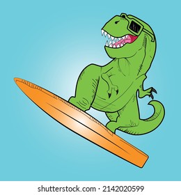 Cute child T-REX Tyrannosaurus Rex surfer dinosaur riding on water sufboard. Cartoon character illustration vector isolated for print t shirt, clothes design