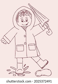 Cute child with umbrella jump in puddles. Cartoon design for t shirt print, icon, logo, label, patch or sticker. Children's coloring book.  Vector illustration. Flat design