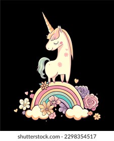 Cute child unicorn on rainbow in flowers. Kawaii cartoon character fairy little horse animal with horn. Vector illustration for birthday card design, baby shower, pastel color unicorns invitation