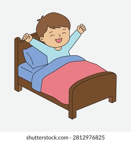 Cute child waking up in bed with a smile. Happy little boy stretching arms in cozy wooden bed frame.