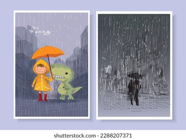 Cute child wear yellow raincoat in the rain background. Cartoon icon character in raining season hand drawn vector illustration.