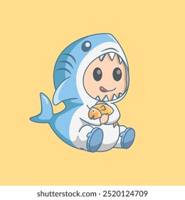 Cute Child Wearing Blue Shark Suit With Holding Fish Vector Cartoon Illustration Icon