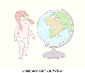 Cute child wearing glasses and helmet of the pilot of the plane and looks at the globe. Concept of a travel. Hand drawn doodle style vector illustration for design