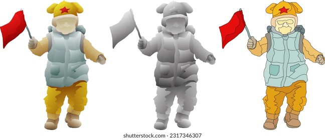 Cute child wearing winter clothing run forward with a blank flag, isolated against white. 3D vector illustration.