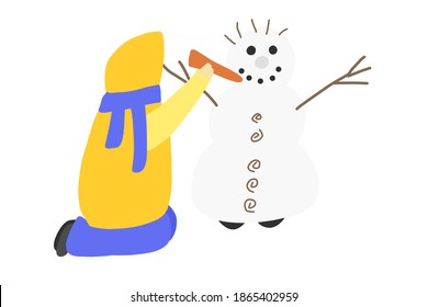 Cute child wearing yellow coat and blue scarf builds a snowman. Kid attaches a carrot to a snowman. Simple print concept of baby playing outside in winter time.  Trendy flat hand drawn illustration.
