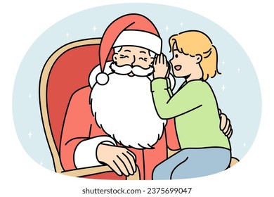 Un niño susurro en la oreja de Santa Claus sentado en las vueltas. Niña pequeña que le desea a su padre Navidad. Vacaciones de invierno. Año Nuevo y Navidad. Ilustración vectorial.