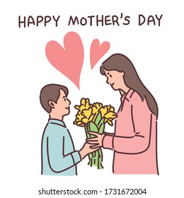 A cute child who gives love to her mother on Mother's Day. hand drawn style vector design illustrations. 