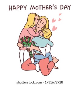 A cute child who gives love to her mother on Mother's Day. hand drawn style vector design illustrations. 