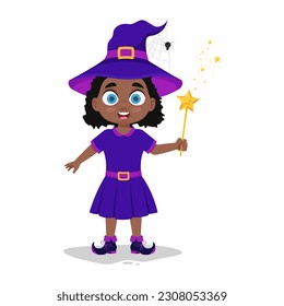 Cute child in a witch costume with a magic wand