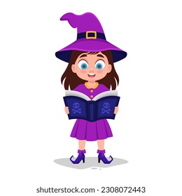 Cute child in witch costume reading a book